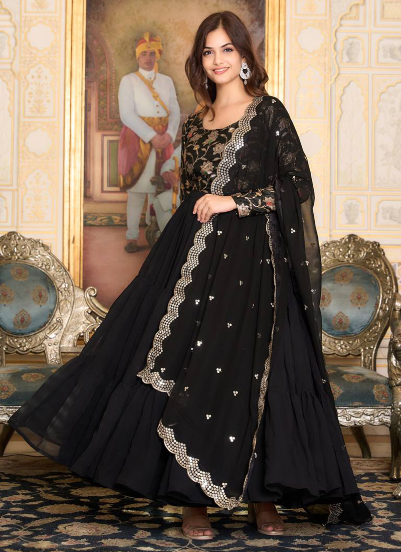 Buy Georgette Black Party Wear Embroidery Work Readymade Gown With Dupatta Online From Wholesale Salwar